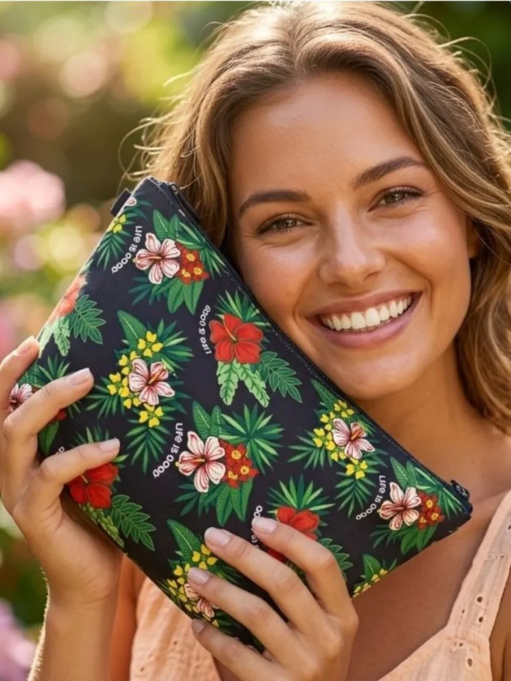 Life is Good Tropical Hibiscus Floral Zip Cosmetic Bag Make Up Travel Toiletry